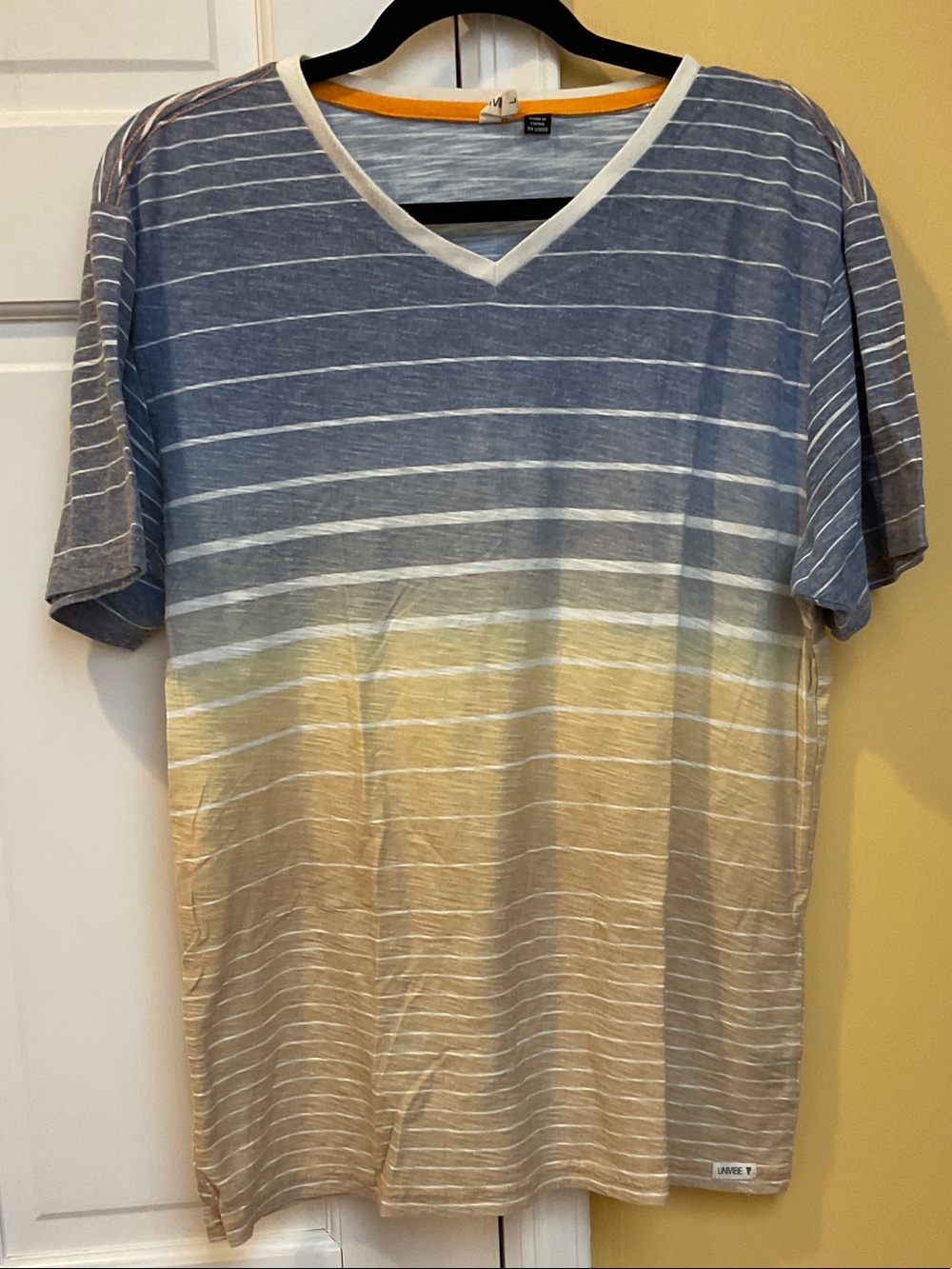 Men's gray and yellow Striped V-Neck Shirt, large
